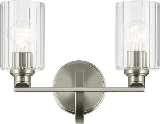 Kichler Gioe 14.25" 2-Light Vanity Light with Clear Fluted Glass in Brushed Nickel, Damp Rated, for Bathroom, Powder Room, Over a Mirror, (14.25" W x 10.5" H), 55225NIFLU