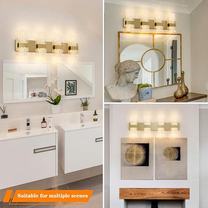 Modern Brushed Gold 8-Lights Bathroom Vanity Light, Eleglant Brass LED Bathroom Light Fixtures over Mirror, Dimmable Acrylic Shade Wall Lighting Fixtures, Hardwired Wall Light(H9.25in, L28.35in)