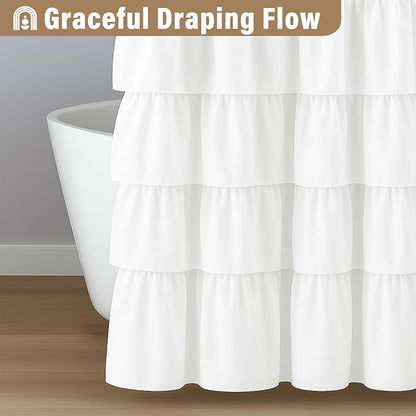 Seasonwood Small White Ruffle Shower Curtain Farmhouse Vintage Handcrafted Rustic Decorative Fabric Shower Curtains for Bathroom, 36" x 72"