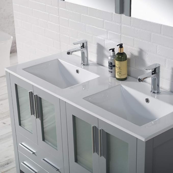 Blossom 48" Double Sink Vanity Solid Wood | Modern Metal Grey Bathroom Vanity with Sink | 18" Narrow Depth Space Saving Design | Soft Close Drawers & Tempered Glass Doors | Master Suite Upgrade