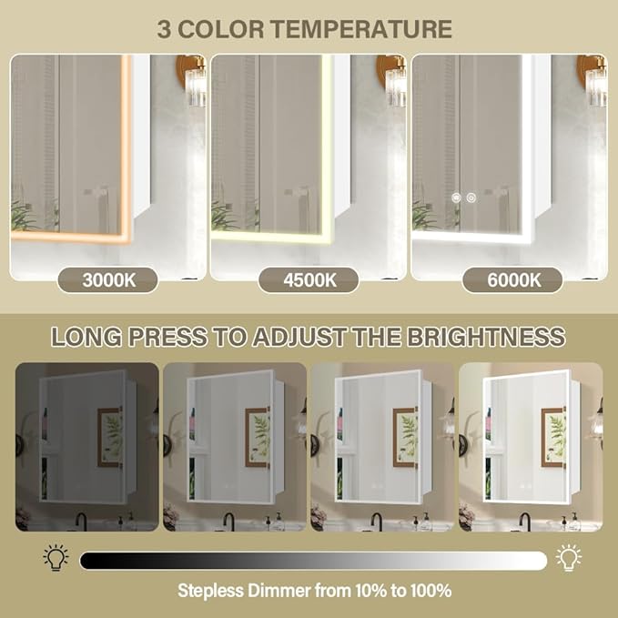 LED Medicine Cabinet,Recess Mirror Cabinet for Bathroom,3 Color,Dimmable,Demister, Detachable Side Panel for Recess Mount or Surface Mount,USB Shaver Socket, Internal Lighting,16x24inch,White