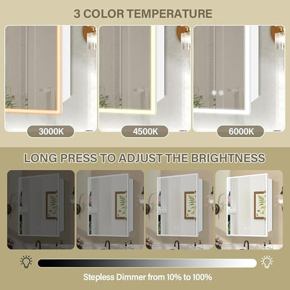 LED Medicine Cabinet,Recess Mirror Cabinet for Bathroom,3 Color,Dimmable,Demister, Detachable Side Panel for Recess Mount or Surface Mount,USB Shaver Socket, Internal Lighting,16x24inch,White
