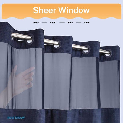 River Dream Heavyweight Waffle No Hook Shower Curtain with Liner,Navy,71x86 | Dotted Waffle,Snap-in Liner,Heavy Duty,Quick Dry,Mesh Top Window,With Bottom Magnets,Hotel-Grade,Washable,Extra Long Size