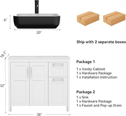 YOURLITE 36" Bathroom Vanity with Sink, White Bathroom Vanity and Sink Combo with Faucet & Pop Up Drain Set,Traditional Vanity with with White & Black Ceramic Sink