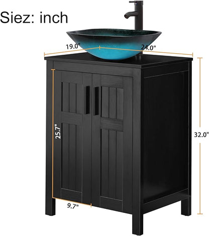 UEV Black 24" Bathroom Vanity with Sink Combo,Modern Vanity with Vessel Sink,Stylish Bathroom Vanity Cabinet,Grooved Doors & Metal Handles,Modern Square Ocean Blue Tempered Glass Vessel Sink(A10)
