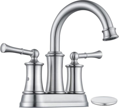 4 Inch Centerset Bathroom Faucet Brushed Nickel,2 Handle Bathroom Faucet 3 Hole, Antique Brass Bathroom Faucet with Pop Up Drain Supply Hose for Vanity Lavatory RV Farmhouse(L2303-BN)