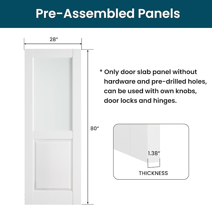 SMARTSTANDARD 28" x 80" Frosted Glass Interior Door Slab, Solid Core | Pre-Assembled French Slab Door for Pantry Laundry Closet Bathroom, without Hardware, White Primed, Paintable Surface