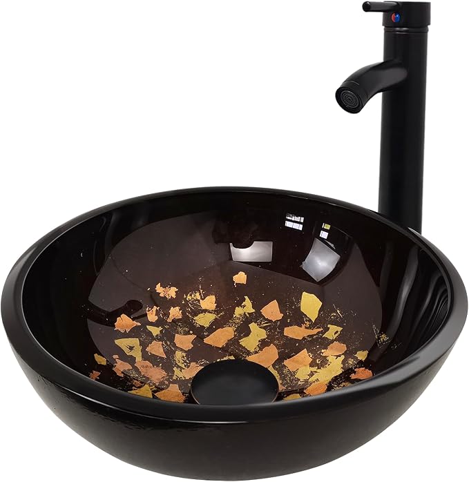 Vessel Sink 12" Bathroom Sinks Tempered Glass Brown Art Basin Round Bowl with Faucet Combo, Brown