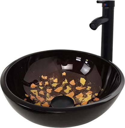 Vessel Sink 12" Bathroom Sinks Tempered Glass Brown Art Basin Round Bowl with Faucet Combo, Brown