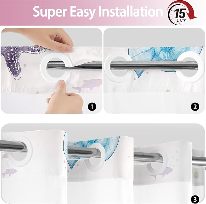 No Hook Shower Curtain and Liner Set, Watercolor Pink Beach Coastal 71x74 | Nautical Ocean for Bathroom, with Snap in Liner Replacement, Mesh Top Window, Waterproof, Machine Washable, Quick-Drying