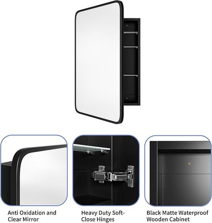 Vintage-Style Bathroom Wood Black Cabinet with 17.5''x29'' Black Metal Frame Curved Mirror, Recessed Medicine Cabinet, Bathroom Storage Cabinet