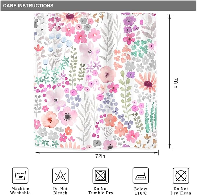Extra Long Purple Floral Watercolor Colorful Bathroom Shower Curtain Set | 72"W x 84"H Boho Cute; waterproof HD print, quick-dry fabric with 12 hooks for easy hanging.
