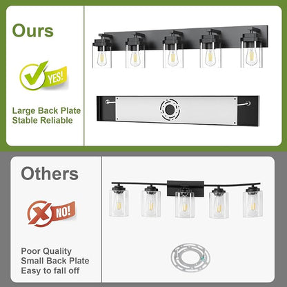 Black Bathroom Light Fixtures, 5 Lights Bathroom Lighting Fixtures Over Mirror, Square Design & Rectangle Large Backplate, Modern Vanity Lighting Fixtures, for Bathroom/Living Room/Bedroom