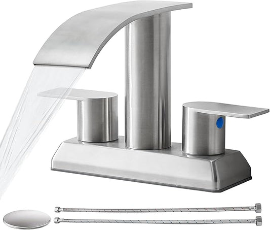IKEBANA Brushed Nickel Waterfall Bathroom Faucet,2 Handle Stainless Steel 4 inch Bathroom Sink Faucet Modern Waterfall Spout Faucets Lead-Free Faucets with Supply Hoses and Pop-up Drain, IK-ZT2317L
