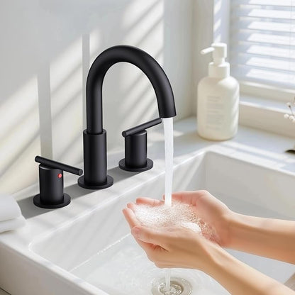 Bathroom Faucet 8 Inch, Matte Black 2 Handle Widespread Sink Faucet | Widespread faucet with 360° rotating spout, double handles and pop-up drain for bathroom vanity and sink upgrades.