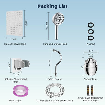 Hibbent All Metal 10'' Dual Filtered Rainfall Shower Head Combo, High Pressure Handheld Shower Head with 12'' Adjustable Curved Extension Arm, 20 Stage Shower Filter, 10-spray, 71'' Hose, Chrome