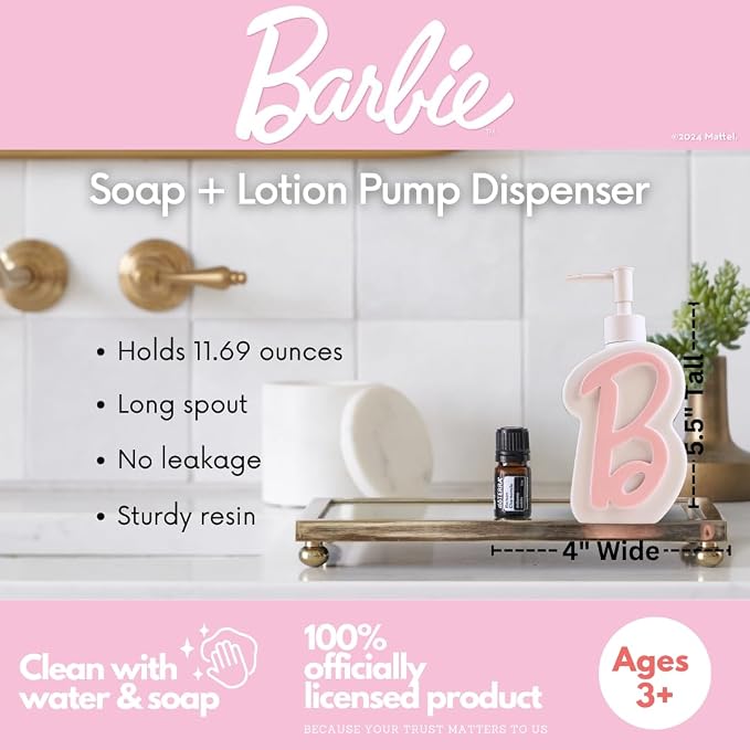 Collectibles Barbie Light Pink B Monogram Soap/Lotion/Hand Sanitizer Resin Pump Dispenser, 11.69 Ounces, (Officially Licensed Product) By Franco
