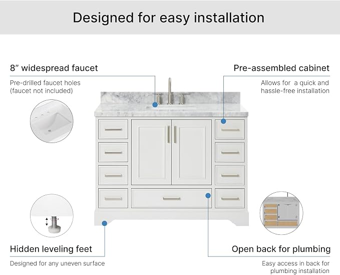 Langford 48-inch White Bathroom Vanity with Center Rectangle Single Sink, Italian Carrara Marble Countertop & Backsplash, Solid Wood Frame, Soft-Closing & Dovetail Drawers