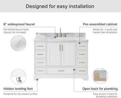 Langford 48-inch White Bathroom Vanity with Center Rectangle Single Sink, Italian Carrara Marble Countertop & Backsplash, Solid Wood Frame, Soft-Closing & Dovetail Drawers