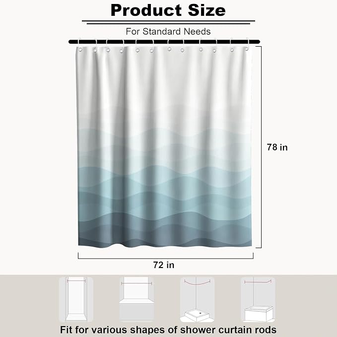 Luxury Modern Ocean Shower Curtain Aesthetic Funky Cute Striped Abstract | Cool Shower Curtains for Bathroom, Waterproof Bath Curtain with Hooks Machine Washable Bathtub Curtains 72x78 Inch Blue