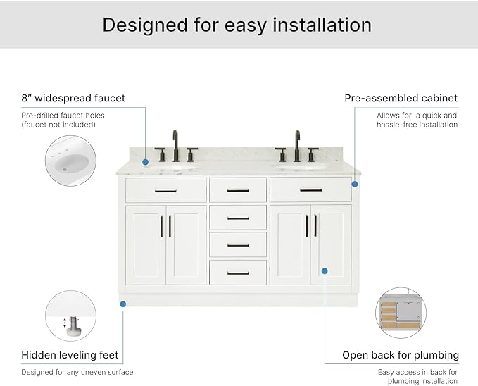 ARIEL Hepburn 60-inch Bathroom Vanity with Sink,Solid Wood, 0.75-inch Italian Carrara Marble Countertop & Backsplash, Double Oval Porcelain Sink, 4 Soft Closing Doors, 6 Dovetail Drawers, White