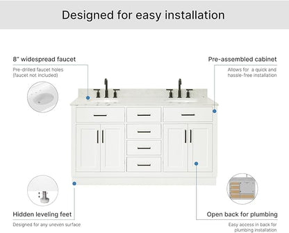 ARIEL Hepburn 60-inch Bathroom Vanity with Sink,Solid Wood, 0.75-inch Italian Carrara Marble Countertop & Backsplash, Double Oval Porcelain Sink, 4 Soft Closing Doors, 6 Dovetail Drawers, White
