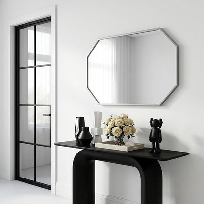 20x28 Inch Octagon Mirror for Bathroom Silver Wall Mirror Rectangle Mirror | Silver Bathroom Mirror Metal Frame Wall Mirror Decorative Rustic Accent Vanity Mirror Hanging for Over Sink Entryway