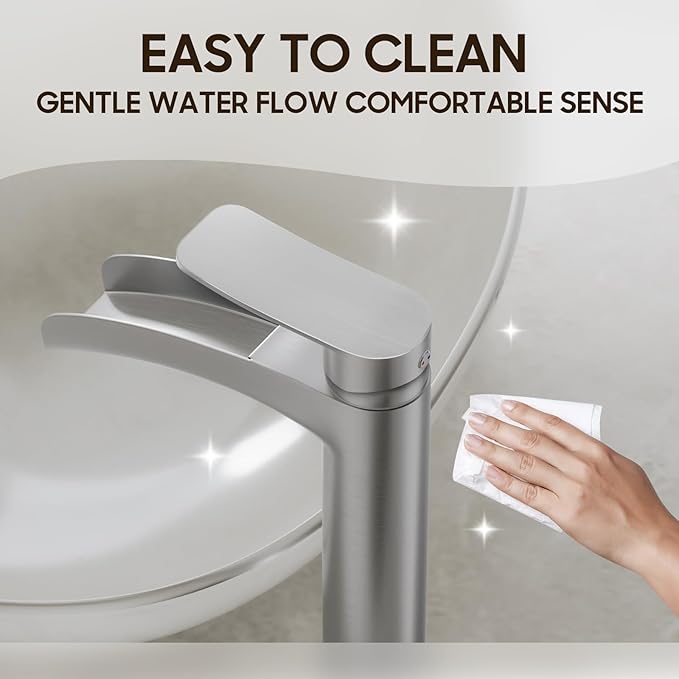 Phiestina Brushed Nickel Tall Bathroom Vessel Sink Faucet, Single Hole Single Handle Waterfall Modern Above Countertop Sink Bathroom Faucet, with Pop Up Drain and Water Supply Line, NS-SF01-BN-V