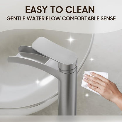 Phiestina Brushed Nickel Tall Bathroom Vessel Sink Faucet, Single Hole Single Handle Waterfall Modern Above Countertop Sink Bathroom Faucet, with Pop Up Drain and Water Supply Line, NS-SF01-BN-V