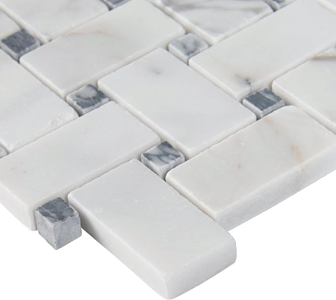 MSI Calacatta Cressa Honed Marble Basketweave Wall Tile for Kitchen Backsplash, for Bathroom, Accent, and Shower Tile, Mesh-Mounted Mosaic Tile, 12.2 x 12.2, White, 10 Piece