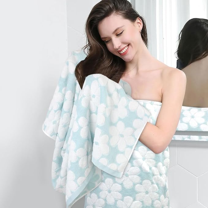Cotton Towels for Bathroom Decor with Floral Jacquard | Super Soft and Absorbent Bath Towel Set of 2, Large Size 27.5x55 Inches