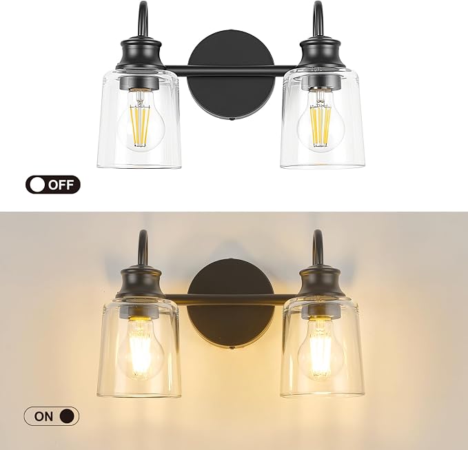 2 Lights Bathroom Light Fixtures Modern Black Vanity Lights | ETL Certificate, Easy to Install,Wall Mount Up or Down,Thickened Glass Lampshade,E26 Socket,Hardwired