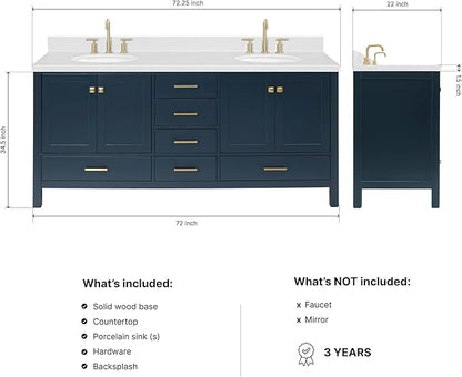 ARIEL Cambridge 72-inch Bathroom Vanity with Sink,Solid Wood, 1.5-inch Carrara White Quartz Countertop, Double Oval Porcelain Sink, 4 Soft Closing Doors, 6 Dovetail Drawers, Midnight Blue