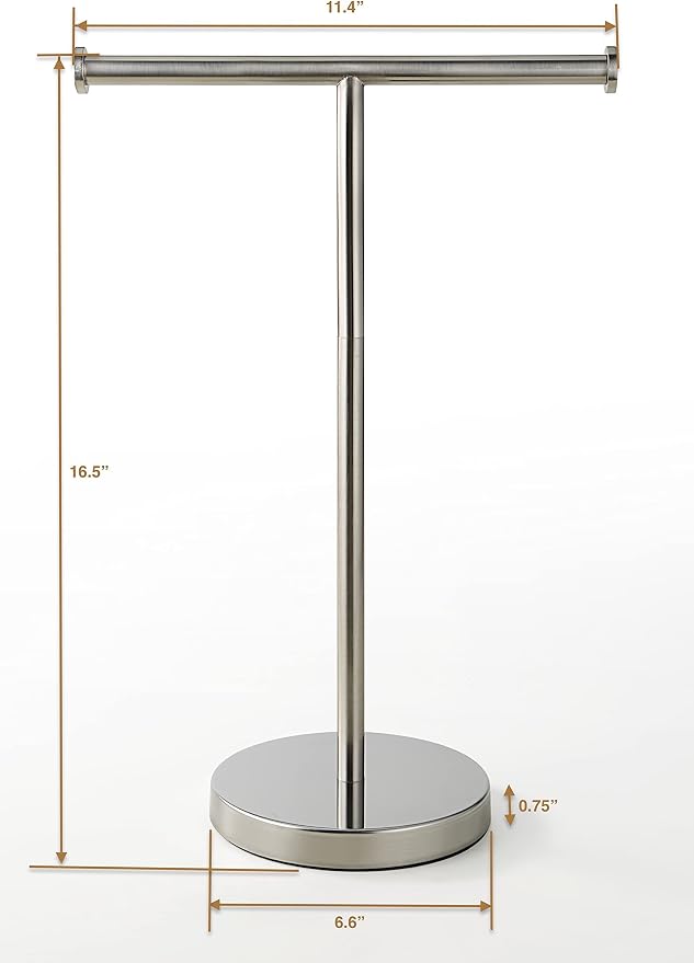 SunnyPoint Countertop Hand Towel Holder Stand – 16.5" Tall Stainless Steel T-Bar Rack with Weighted Base, Brushed Satin Nickel Finish – Jewelry Holder for Bathroom, Vanity, or Kitchen