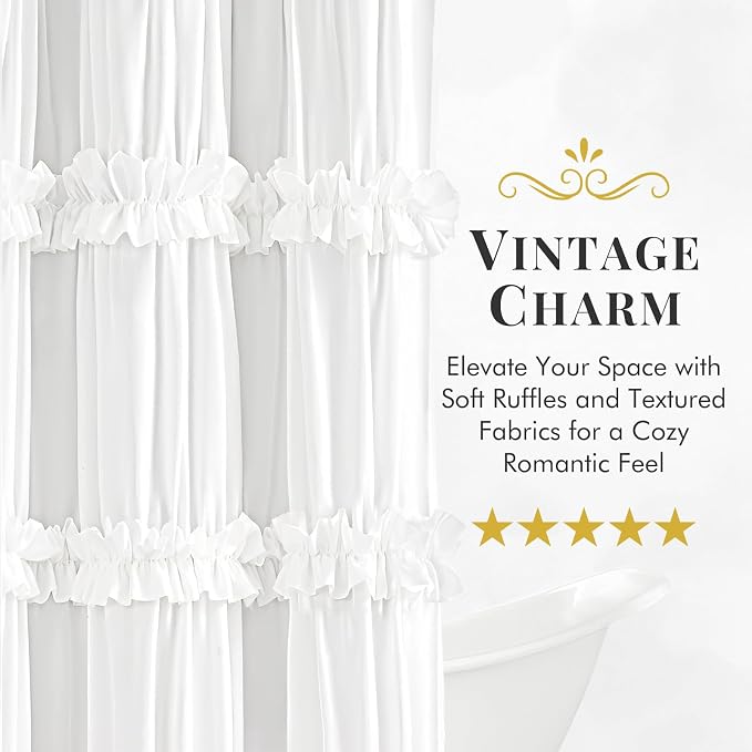 LIPA Boho Rustic White Ruffle Shower Curtain 72x78 Inches | Farmhouse Shower Curtains for Bathroom,Water‑Resistant Fabric Shower Curtain,Bohemian Bathroom Decor