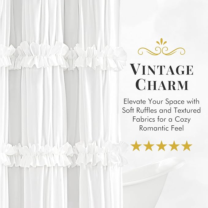 LIPA Boho Rustic White Ruffle Shower Curtain 72x72 Inches | Farmhouse Shower Curtains for Bathroom,Water‑Resistant Fabric Shower Curtain,Bohemian Bathroom Decor