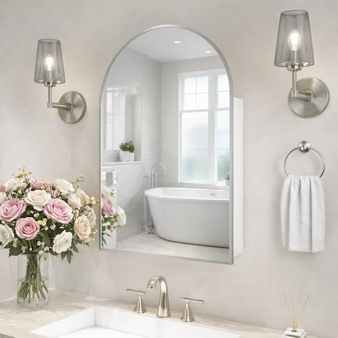 24x36 Inch Arch Bathroom Mirror Medicine,Cabinet,Brushed Silver Wall Mounted Bathroom Mirror with Storage,Adjustable Glass Shelves,Surface Mount Only,Mirrored Medicine Cabinets for Bathroom