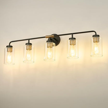 zeyu 36.5 Inch Modern Vanity Lights Over Mirror with Clear Glass Shade, 5-Light Bathroom Light Fixtures for Bathroom, Bedroom, Hallway, Black and Gold Finish, ZS62B-5W BK+BG