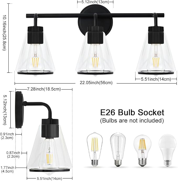 Black Bathroom Vanity Light 3 Lights Bathroom Light Fixtures Over Mirror | Vanity Lighting Fixtures with Clear Glass Shade, 22 inch Modern Vanity Lights for Bathroom, Wall Sconce Lights for Bedroom