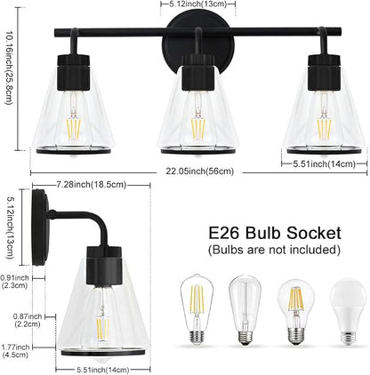 Black Bathroom Vanity Light 3 Lights Bathroom Light Fixtures Over Mirror | Vanity Lighting Fixtures with Clear Glass Shade, 22 inch Modern Vanity Lights for Bathroom, Wall Sconce Lights for Bedroom