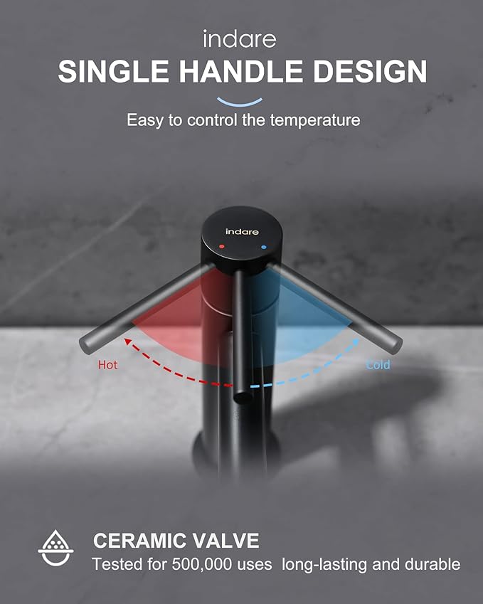 Bathroom Faucet, Indare Single Hole Brass Matte Black Bathroom Faucet with Pop-up Sink Drain Assembly and Faucet Supply Hose