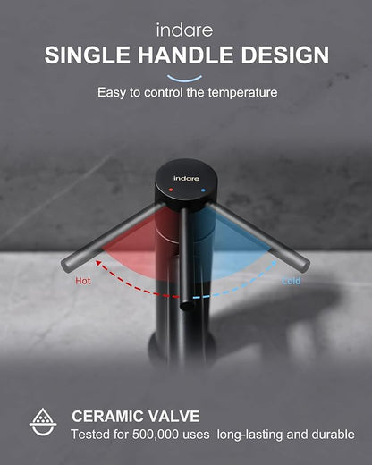 Bathroom Faucet, Indare Single Hole Brass Matte Black Bathroom Faucet with Pop-up Sink Drain Assembly and Faucet Supply Hose