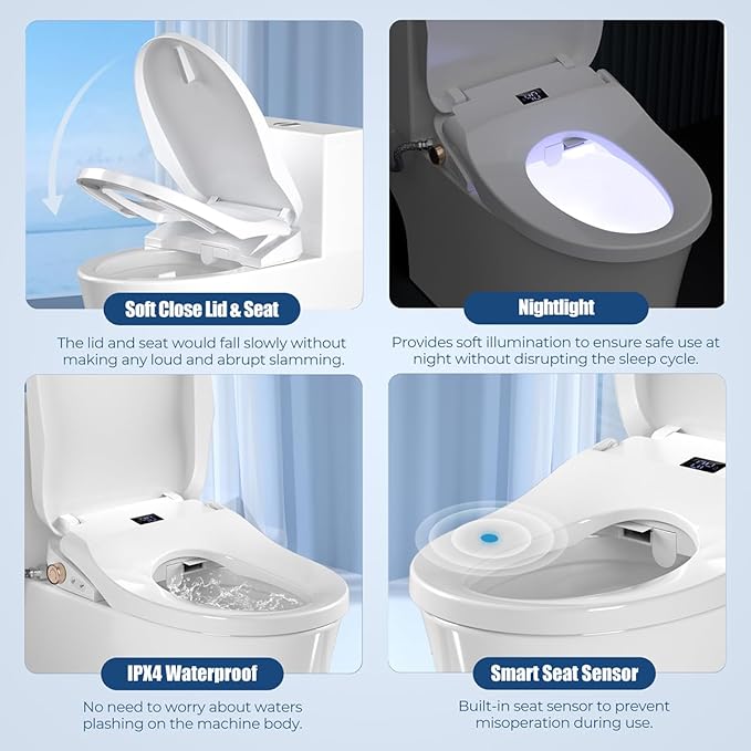 Bidet Toilet Seat Elongated, Electric Heated Seat with Instant Warm Water, Remote & Side Knob Control, Self-Clean Nozzle, Soft Close Lid, Night Light, Warm Air Dryer