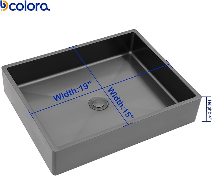 Dcolora 19 In. Black Drop In Bathroom Vessel Sink, 16 Gauge Stainless Steel, Rectangle Design with Drain Assembly, 15"D x 19"W x 4"H #DC-VS261203
