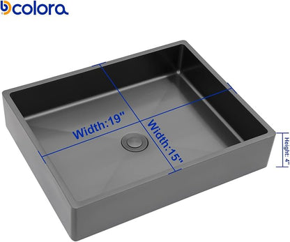 Dcolora 19 In. Black Drop In Bathroom Vessel Sink, 16 Gauge Stainless Steel, Rectangle Design with Drain Assembly, 15"D x 19"W x 4"H #DC-VS261203