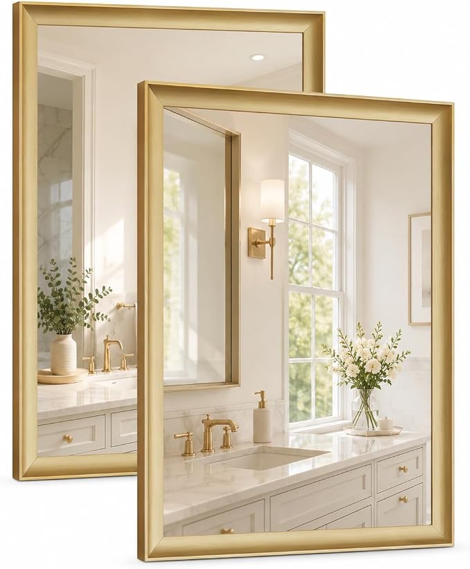 2 Pack Brushed Gold Bathroom Mirrors for Over Sink, 22x30 Inch | Champagne Gold Rectangle Vanity Mirror for Bedroom, Entryway, Living Room Decor, Aluminum Framed, Curved Wide Edge