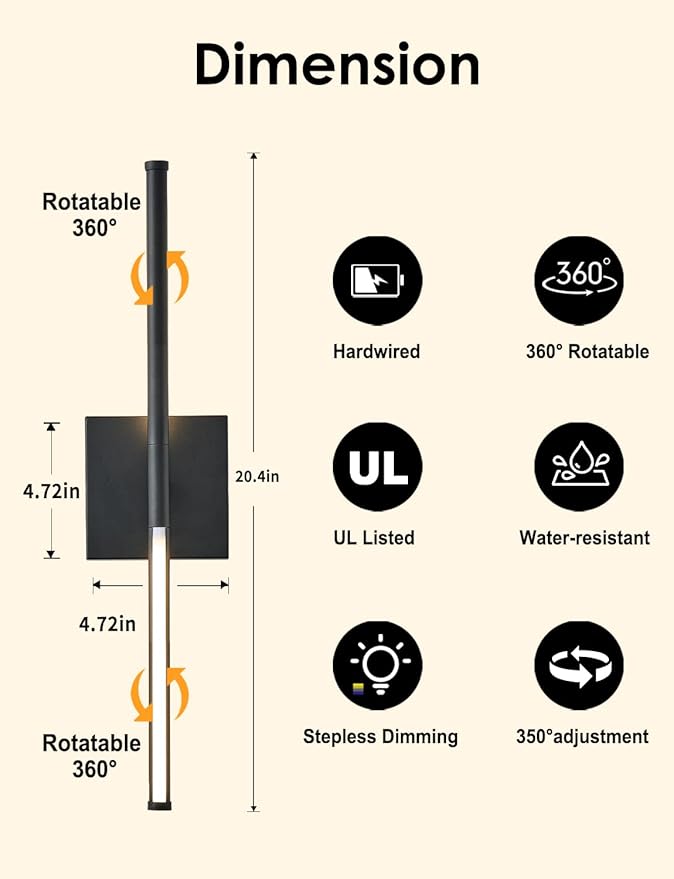 20.4 Inch Hardwired Wall Sconces Set of Two, 3000K Warm White Dimmable Modern Wall Sconces, 350° Rotate LED Light Fixtures Wall Lamp for Bathroom Living Room Bedroom Bedside, Black
