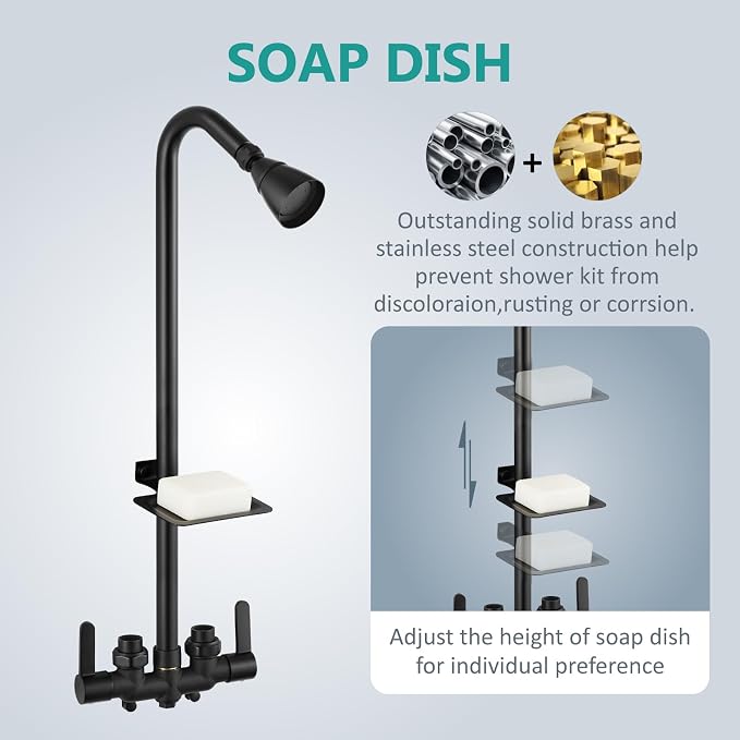 Aolemi Outdoor Shower Kit, Upward-Facing Inlets, Matte Black | 3-Inch Center Hot And Cold Mixer Valve, Dual Handles, with Soap Dish For Convenient Outdoor Shower Use