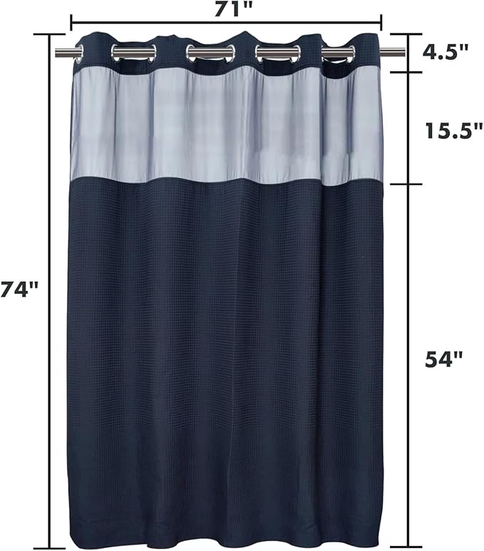 River Dream Cotton Blend Fabric Shower Curtain Set with Liner, Navy, 71x74 | Waffle Weave, No Hook Needed, with Snap in Replacement Liner, Top Sheer Window, Hotel Quality Fabric for Bathroom