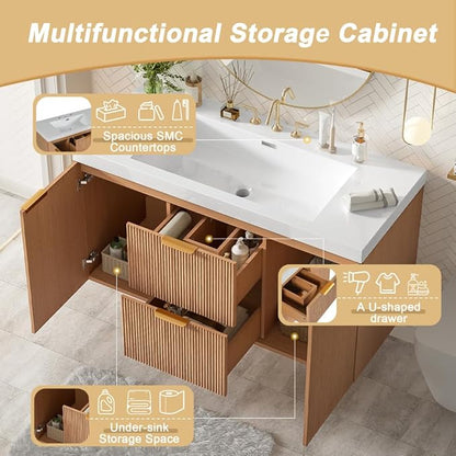 42 Inch Floating Bathroom Vanity with Thick SMC Countertop Single Sink, Wall Mounted Bathroom Vanities Wood Grain Vanity for Bathrooms with 2 Soft-Close Doors 2 Fluted Drawers, Easy Assembly (Wood)